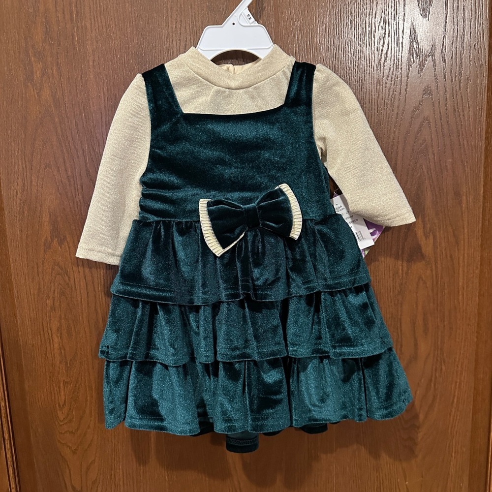 Blueberi Boulevard Baby Girls Hunter Green‎ Velvet Bow Christmas Dress 18 Month
